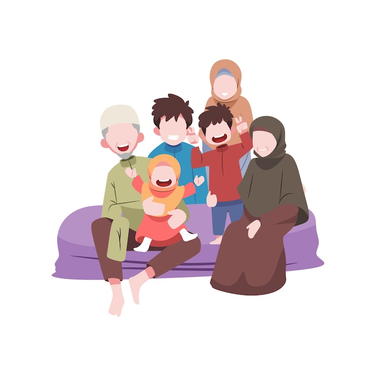 Vecteur illustration d'une famille assise sur un lit pendant l'aïd al fitr