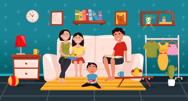 illustration d'une famille heureuse avec des enfants assis sur un canapé dans le salon
