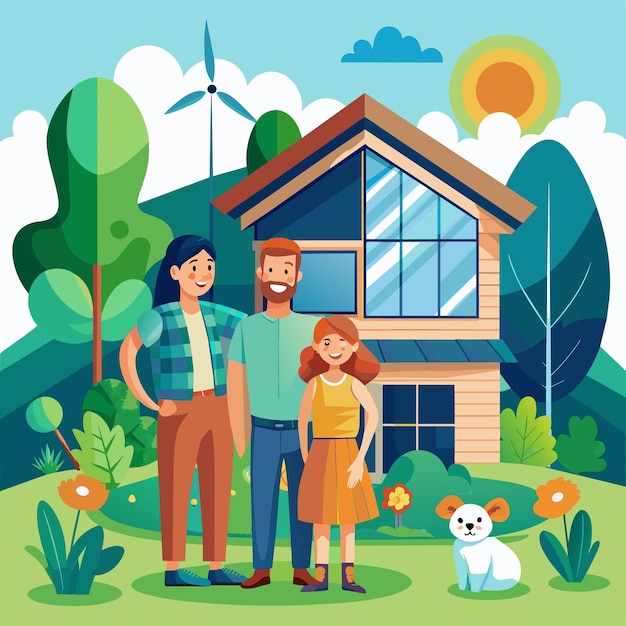 Illustration D'une Famille Heureuse Et D'une Maison Moderne Durable Et Respectueuse De L'environnement