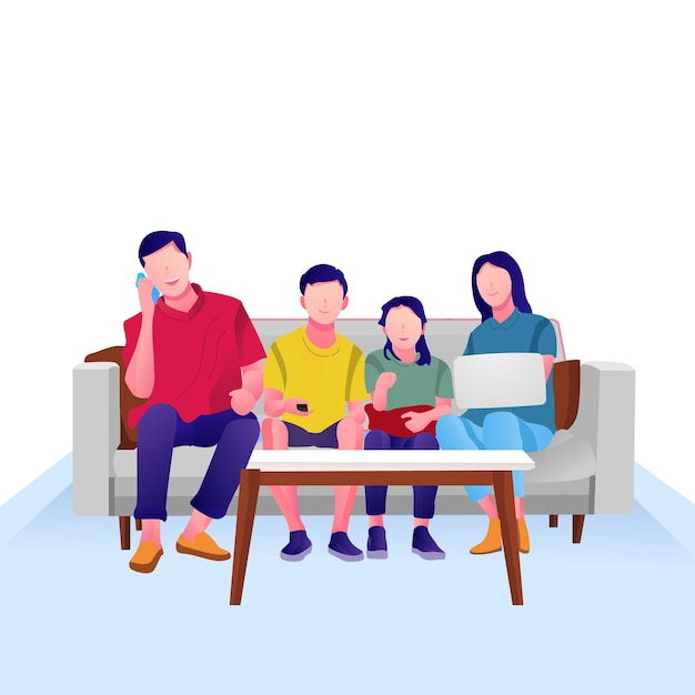 Vecteur illustration d'une famille heureuse de mari et d'épouse et d'enfants regardant la tv