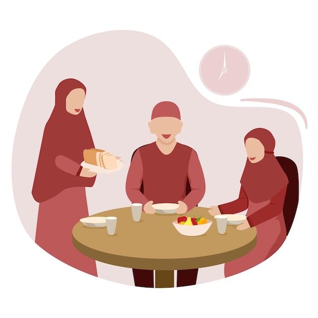 Vecteur illustration d'une famille musulmane ayant des repas de ramadan ensemble pour la pause de jeûne famille se préparant pour