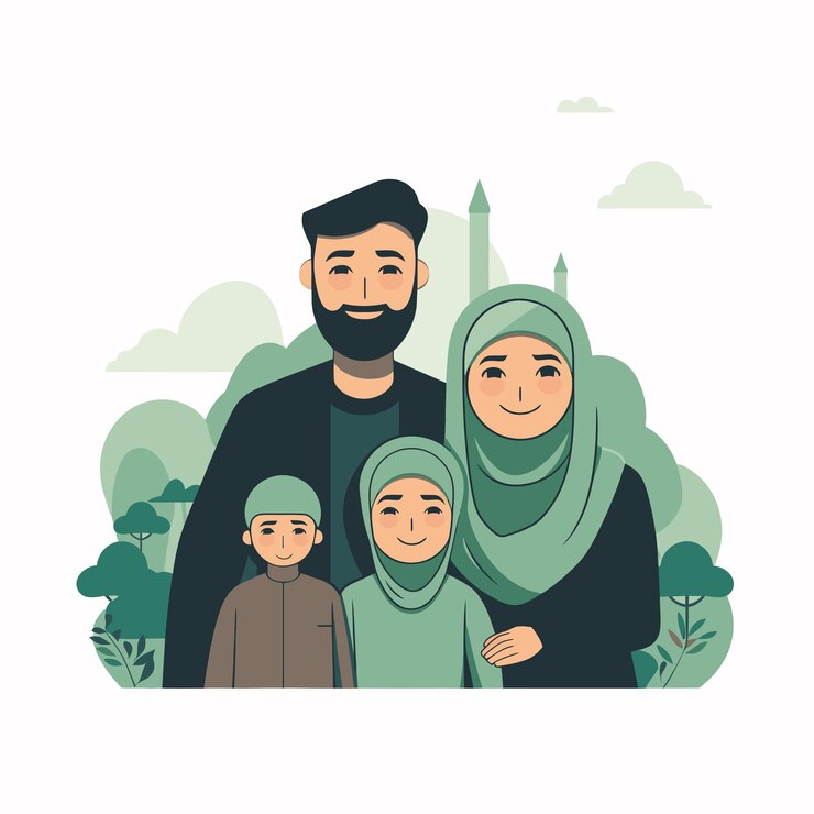 Vecteur illustration une famille musulmane se réunit en émettant de la chaleur et de la solidarité