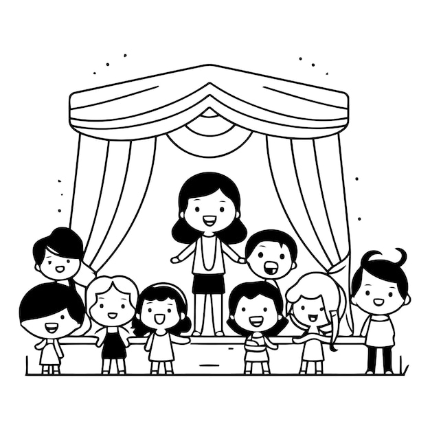 Vecteur illustration d'une famille ouvrant une scène avec un rideau rouge