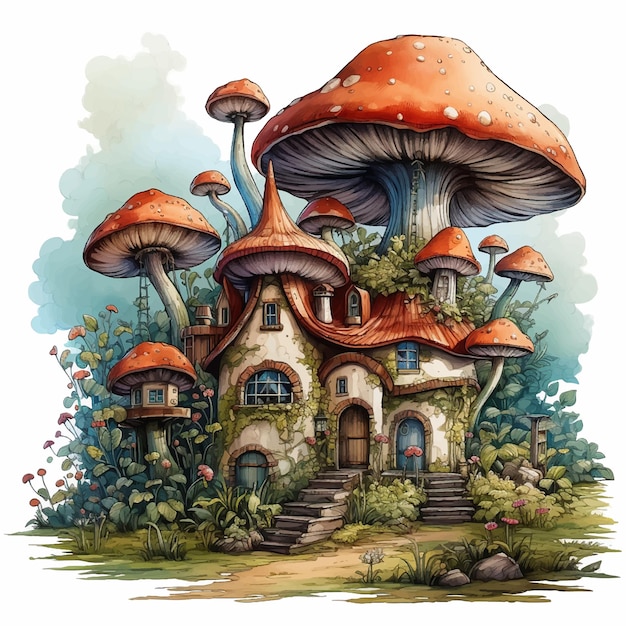 Vecteur illustration de fantaisie forêt champignon fée serre maison magique conte de fées paysage arbre nature