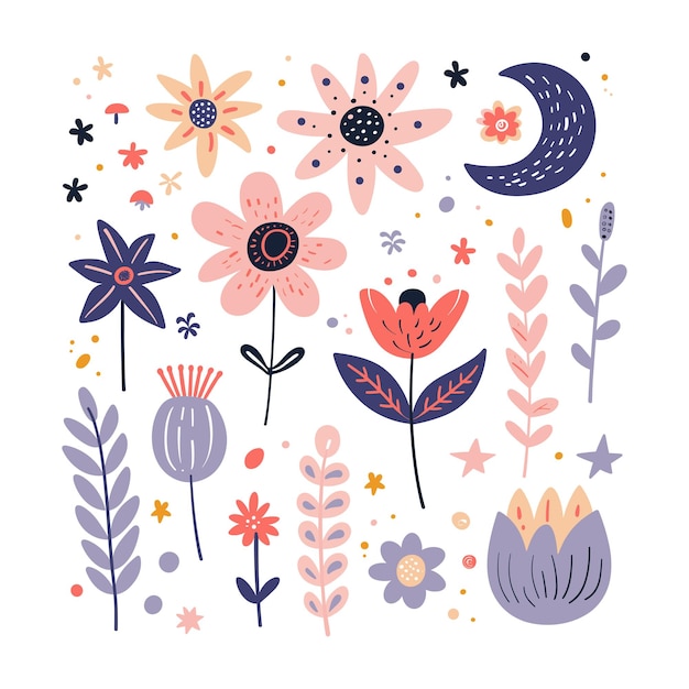 Illustration Fantaisiste De Fleurs Et De Lune Dans Des Couleurs Pastel