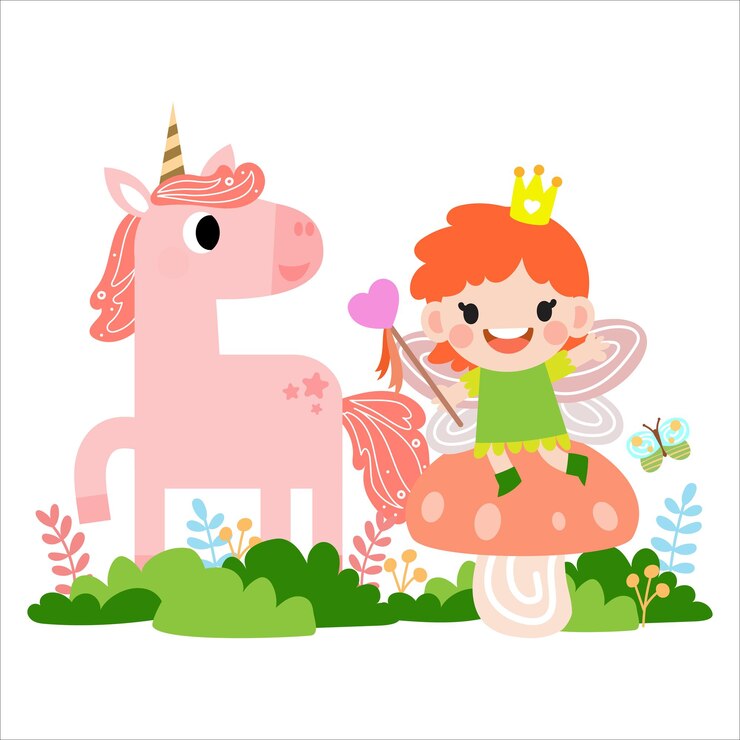 Illustration de fée et de licorne avec des étoiles arc-en-ciel, des cœurs, des nuages dans un clip-art de style dessin animé