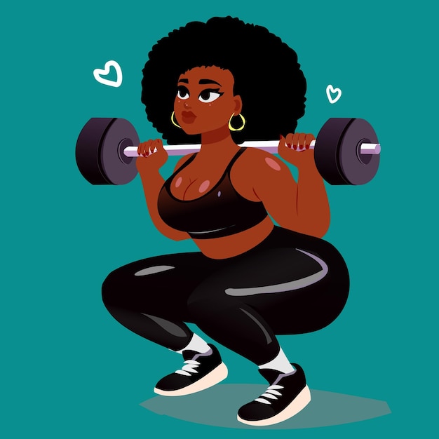 Illustration d'une femme en accroupement avec une barre de fitness et de positivité corporelle