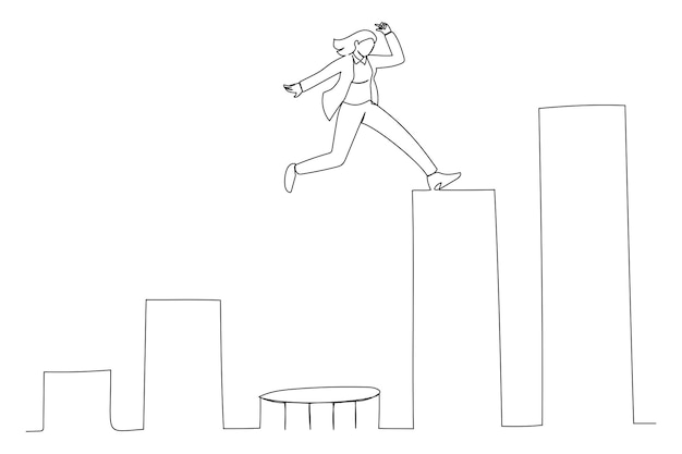 Illustration d'une femme d'affaires forte sautant du trampoline vers le haut du graphique à barres croissant Récupération des revenus du défi commercial Style d'art en une seule ligne