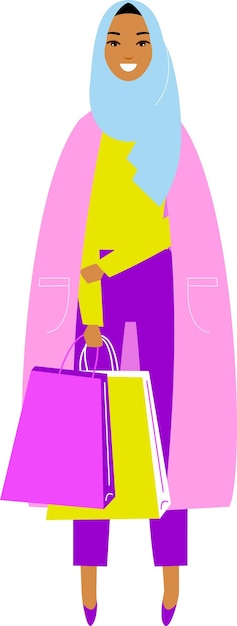 Vecteur illustration femme arabe en hijab avec des sacs à provisions