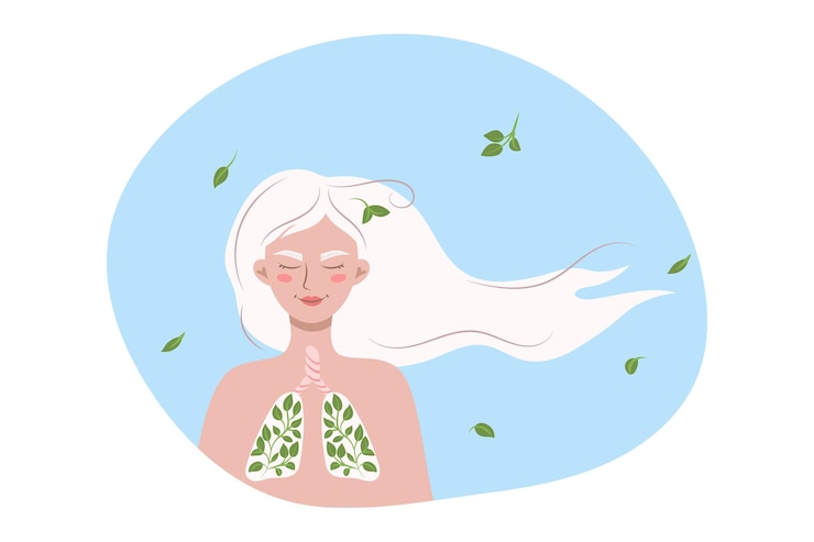 Vecteur illustration d'une femme aux cheveux blancs et aux feuilles vertes sur ses poumons