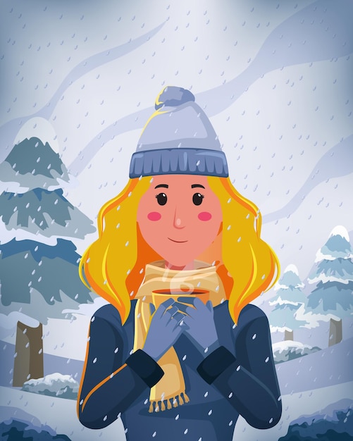 Illustration Femme Blonde Utiliser Une écharpe De Veste Tenant Une Tasse De Café à La Scène De Paysage Nature Saison Hiver