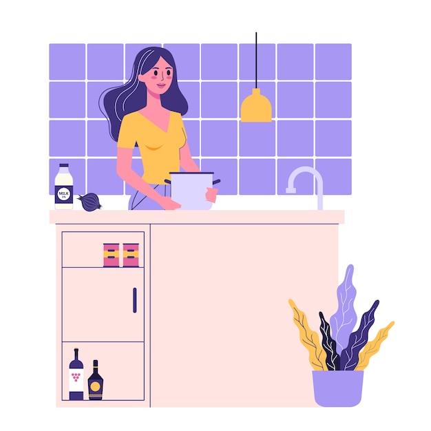 Illustration D'une Femme Cuisinant Dans Une Cuisine. Partie Quotidienne De La Routine Des Filles. Femme Debout à La Table De La Cuisine.