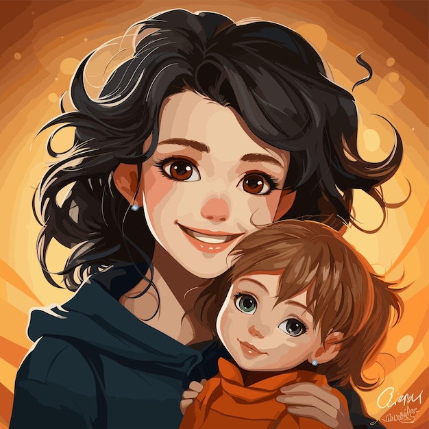 Vecteur une illustration d'une femme de dessin animé adorable portant un enfant