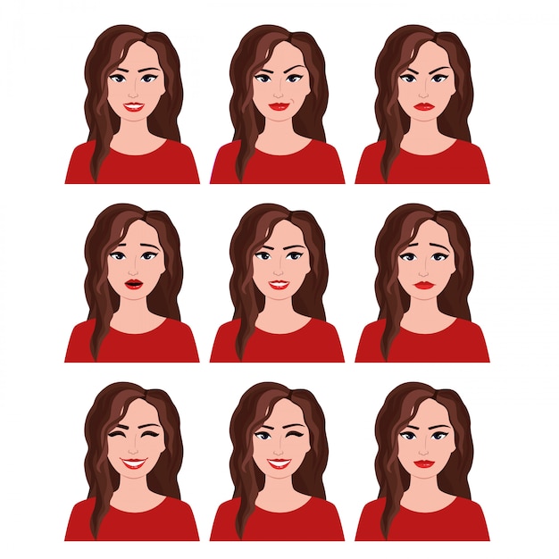 Vecteur illustration de femme avec différentes expressions faciales définies. émotions sur fond blanc dans un style plat.