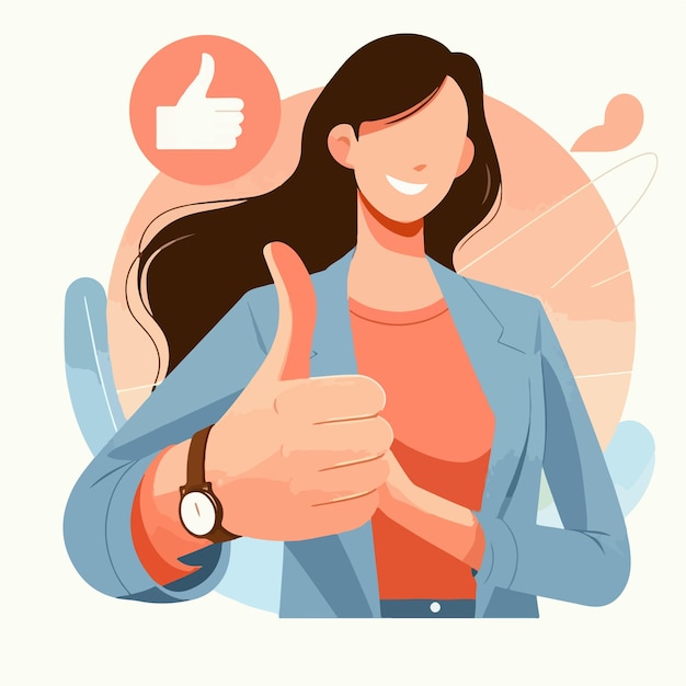 Illustration d'une femme donnant un pouce en l'air dans un style de conception plat