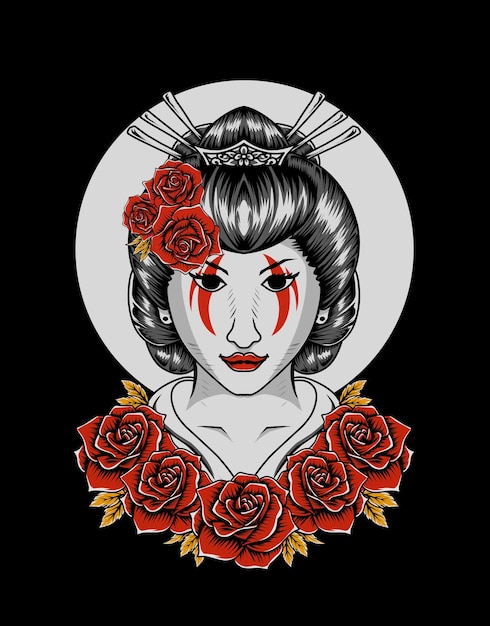 Illustration Femme Geisha Avec Fleur Rose