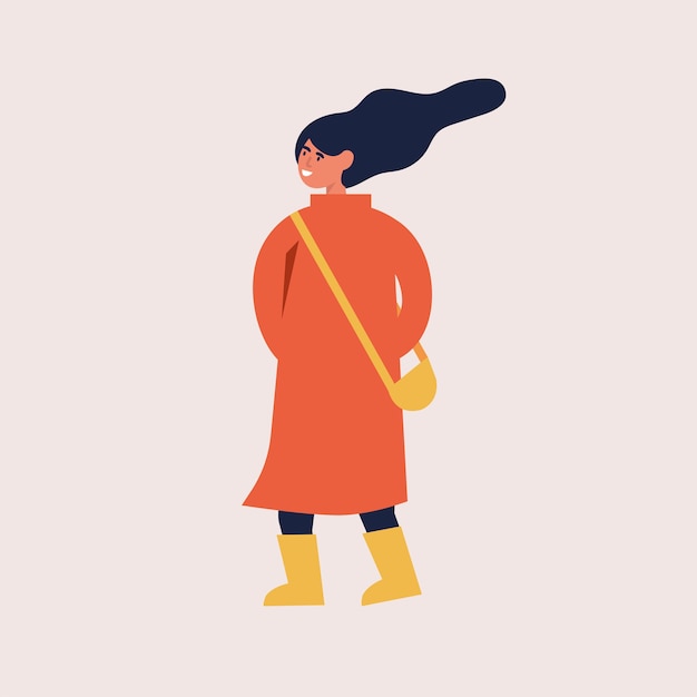 Illustration De Femme Heureuse En Vêtements De Saison D'automne. Jeune Fille Qui Marche.