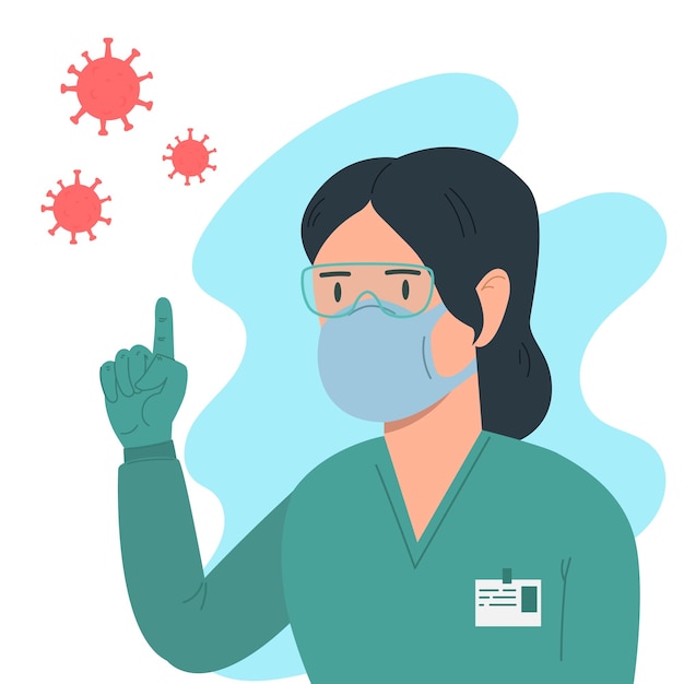 Illustration d'une femme médecin avec des masques médicaux de protection antivirus et des lunettes de protection Élément de conception pour affiche étiquette signe emblème infographie Illustration vectorielle