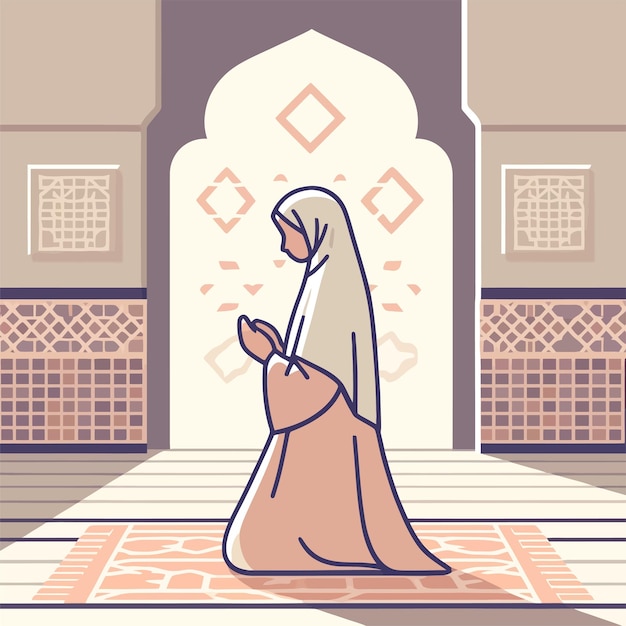Vecteur illustration d'une femme musulmane priant à l'intérieur d'une mosquée