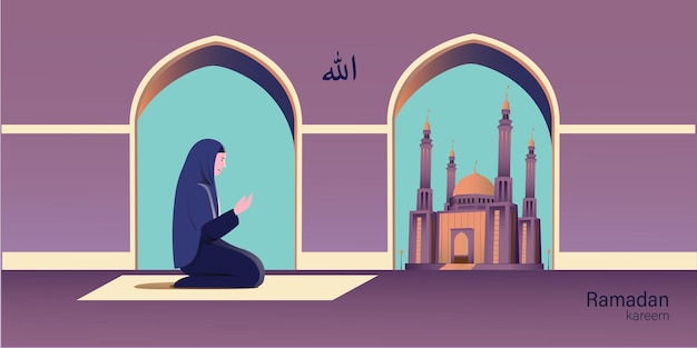 Illustration d'une femme musulmane prie avec fond de mosquée