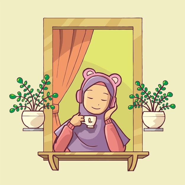 Illustration D'une Femme Musulmane Se Relaxant à La Fenêtre à L'aide D'écouteurs Tout En Buvant Du Café