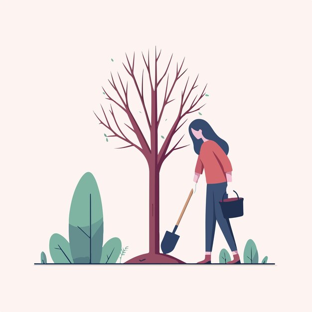 Vecteur illustration d'une femme plantant un arbre dans un style de conception plat simple