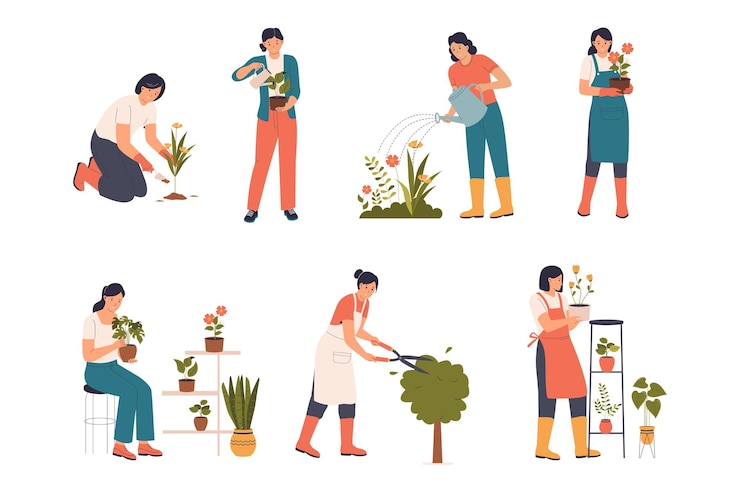 Vecteur illustration d'une femme plantant une fleur