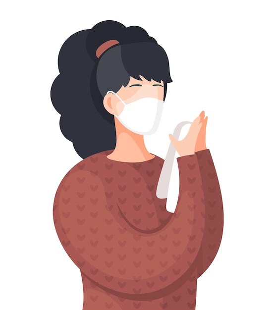 Illustration d'une femme portant un masque médical debout sur fond blanc pandémie virale