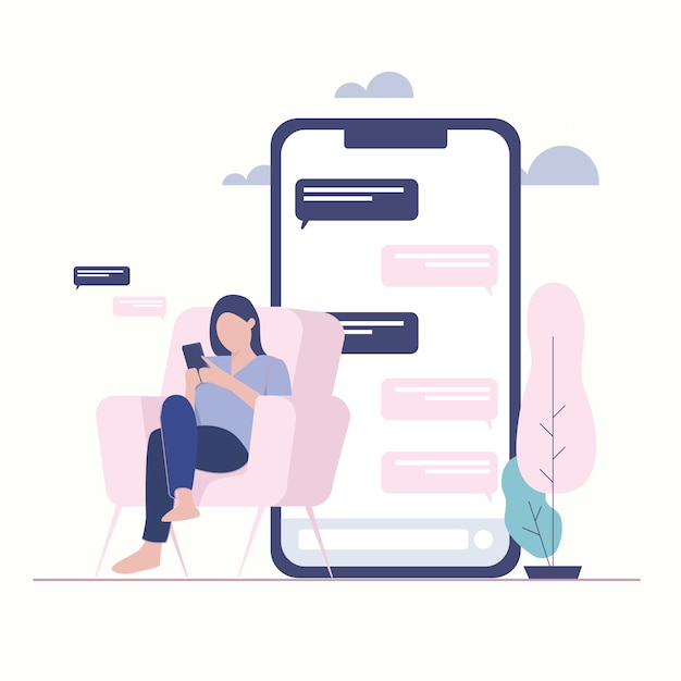 Illustration de femme avec téléphone portable. Messager de chat en ligne.