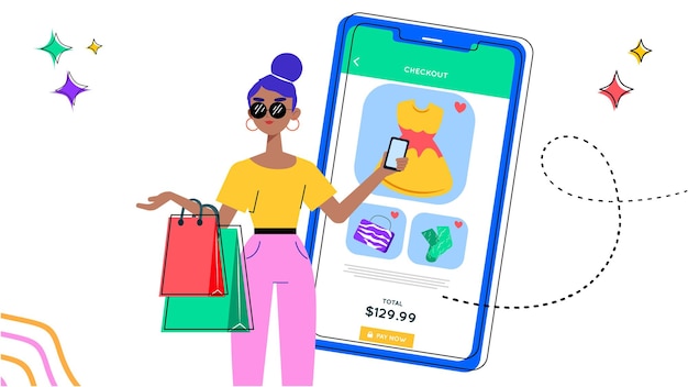 Illustration d'une femme tenant des sacs d'achat et utilisant une application mobile pour la caisse en ligne