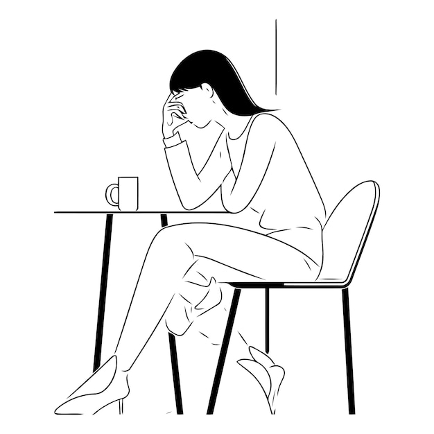 Vecteur illustration d'une femme triste assise à une table dans un café