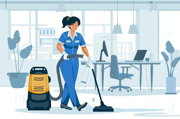 Vecteur illustration d'une femme en uniforme bleu qui fait le ménage
