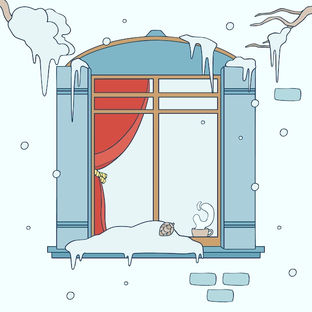 Vecteur illustration de fenêtre d'hiver dessinée à la main