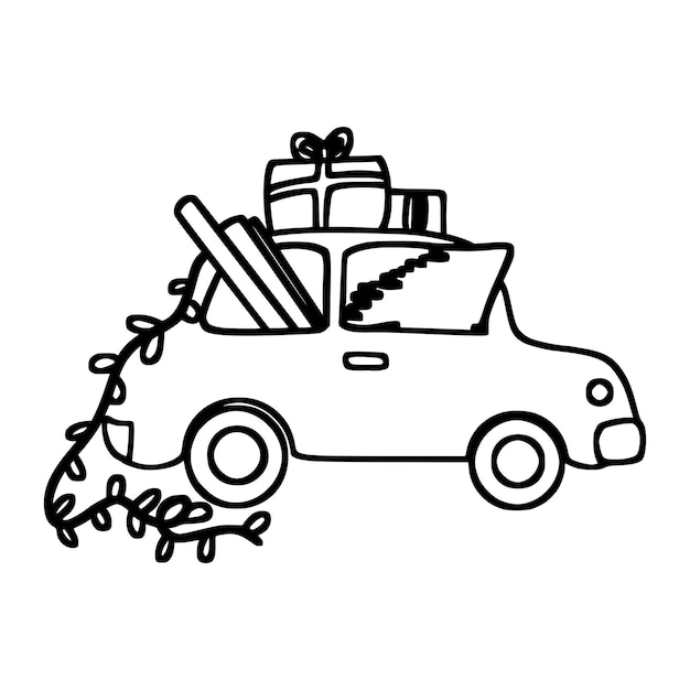 Illustration festive de noël d'une voiture doodle avec des cadeaux et un arbre de noël