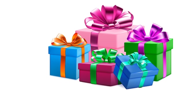 Illustration festive avec plusieurs coffrets cadeaux colorés avec rubans et noeuds