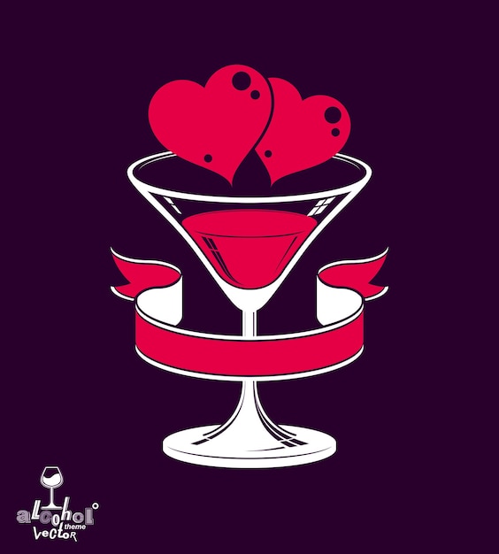 Illustration Festive De La Saint-valentin, Verre à Martini Avec Ruban Décoratif Deux Coeurs Aimants - Thème De La Célébration De L'anniversaire De Mariage.