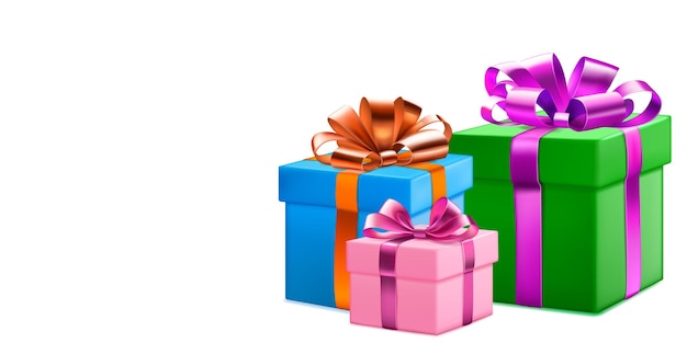 Illustration festive avec trois coffrets cadeaux colorés avec rubans et noeuds sur fond blanc