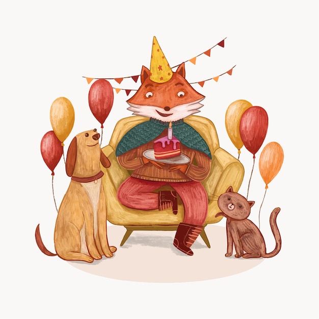 Illustration De Fête D'anniversaire Mignon Renard Et Amis