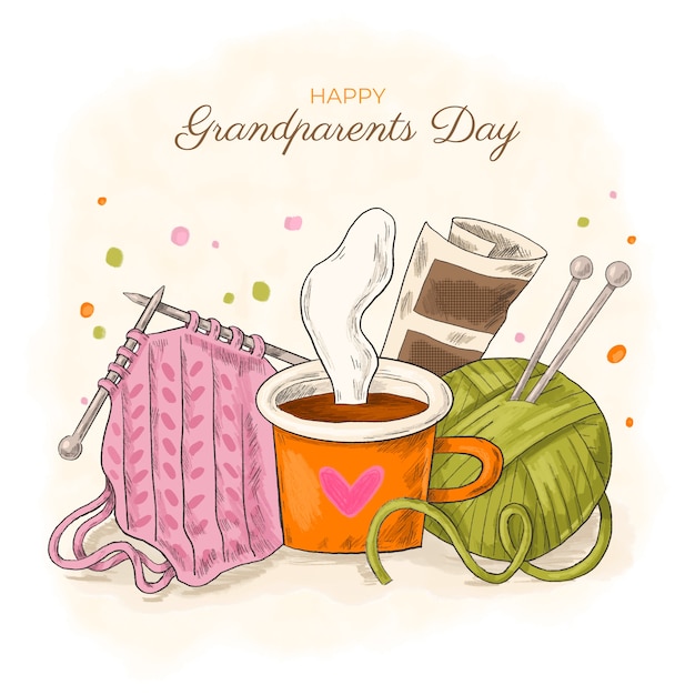 Vecteur illustration de la fête des grands-parents dessinés à la main avec tasse et fil
