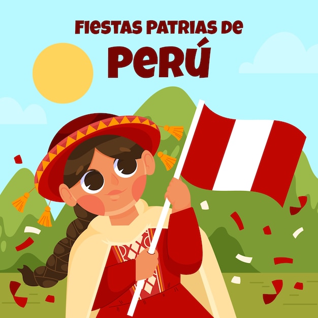 Vecteur illustration de fiestas patrias plat avec femme tenant le drapeau péruvien