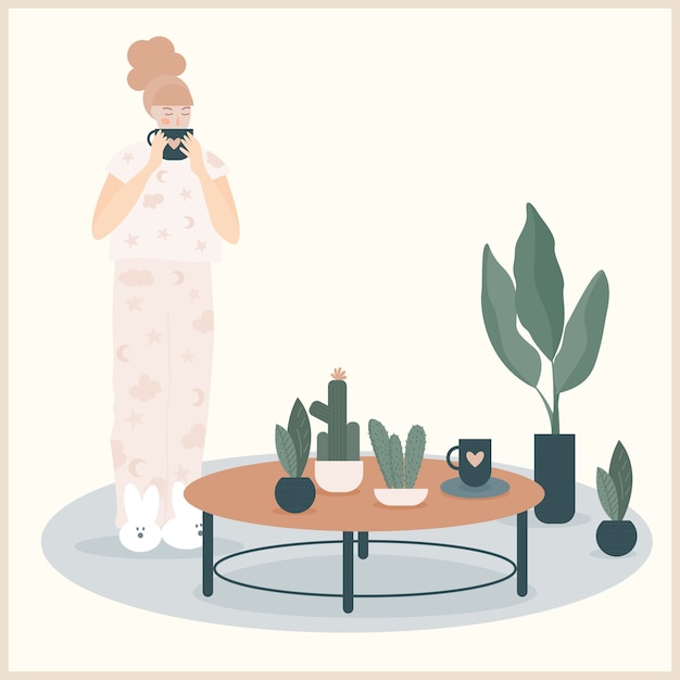 Illustration De Fille Abstraite Buvant Du Café Le Matin, Décoration De Plante D'intérieur