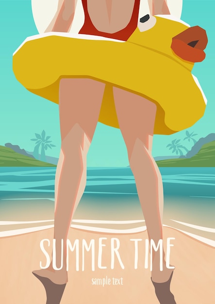 Vecteur illustration de fille avec anneau gonflable debout sur la plage ensoleillée. affiche d'été