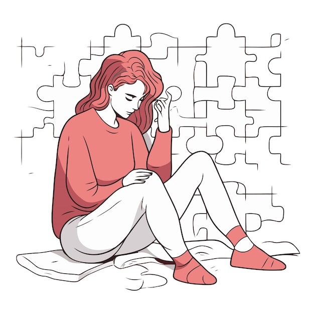 Vecteur illustration d'une fille assise sur le sol devant un puzzle