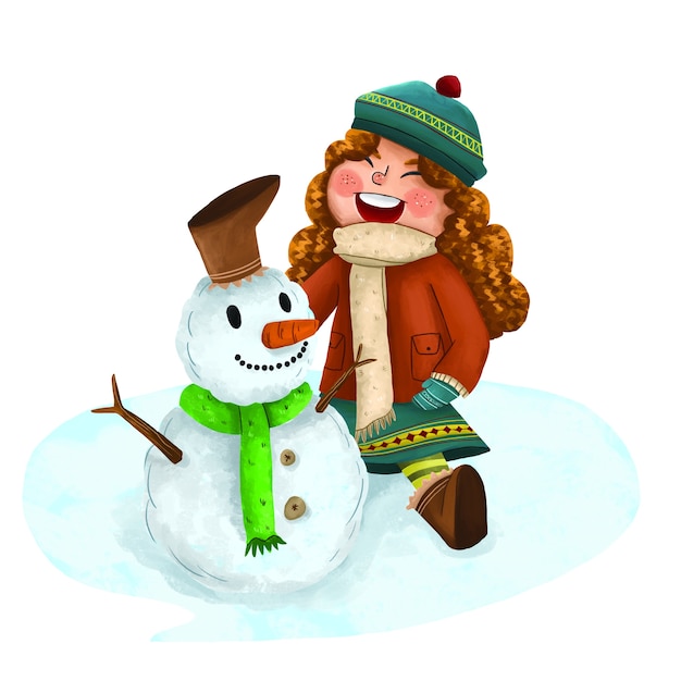 Illustration de fille et bonhomme de neige