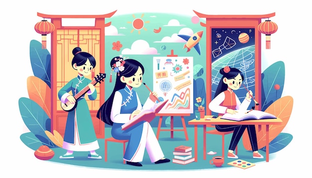 Vecteur illustration de fille chinoise étude chinoise culture chinoise peinture chinoise traditionnelle