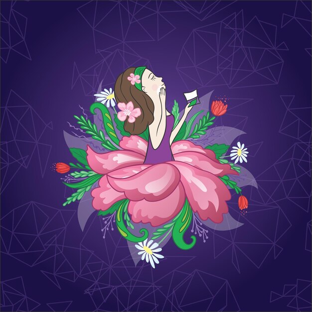 Illustration De Fille De Fleur Sur Fond Violet Techno