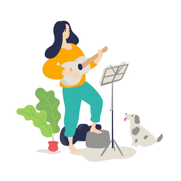 Vecteur illustration d'une fille jouant de la guitare acoustique