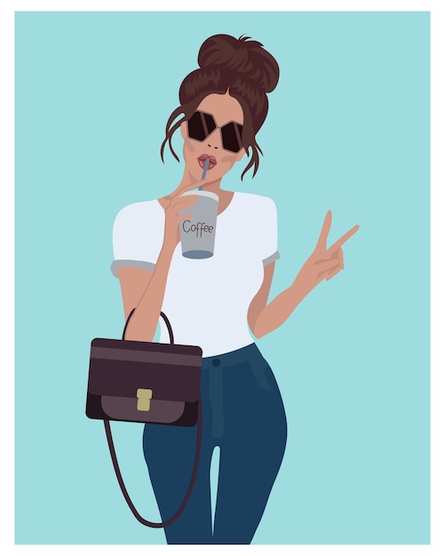 Illustration fille moderne en jeans et lunettes de soleil avec un verre jetable de café Printposter