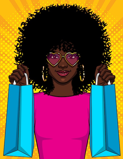 Vecteur illustration d'une fille avec des paquets, belle jeune fille afro-américaine tenant des sacs