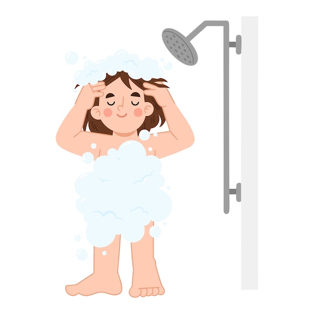 Illustration d'une fille qui prend une douche avec des bulles